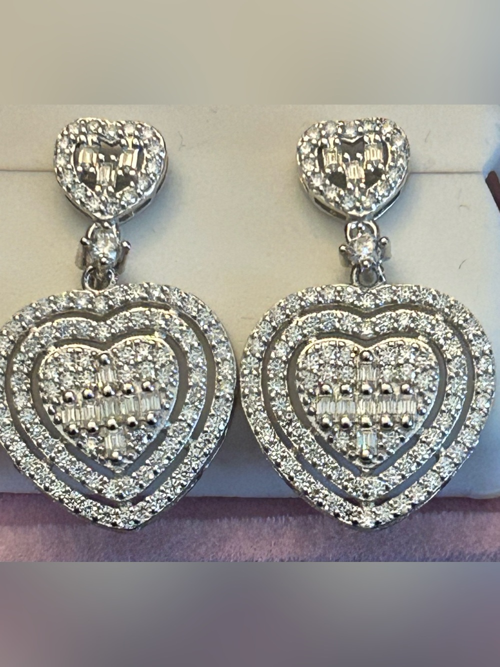 2.00CTW Round & Baguette Moissanite Sterling Silver Heart Cross Drop Earrings